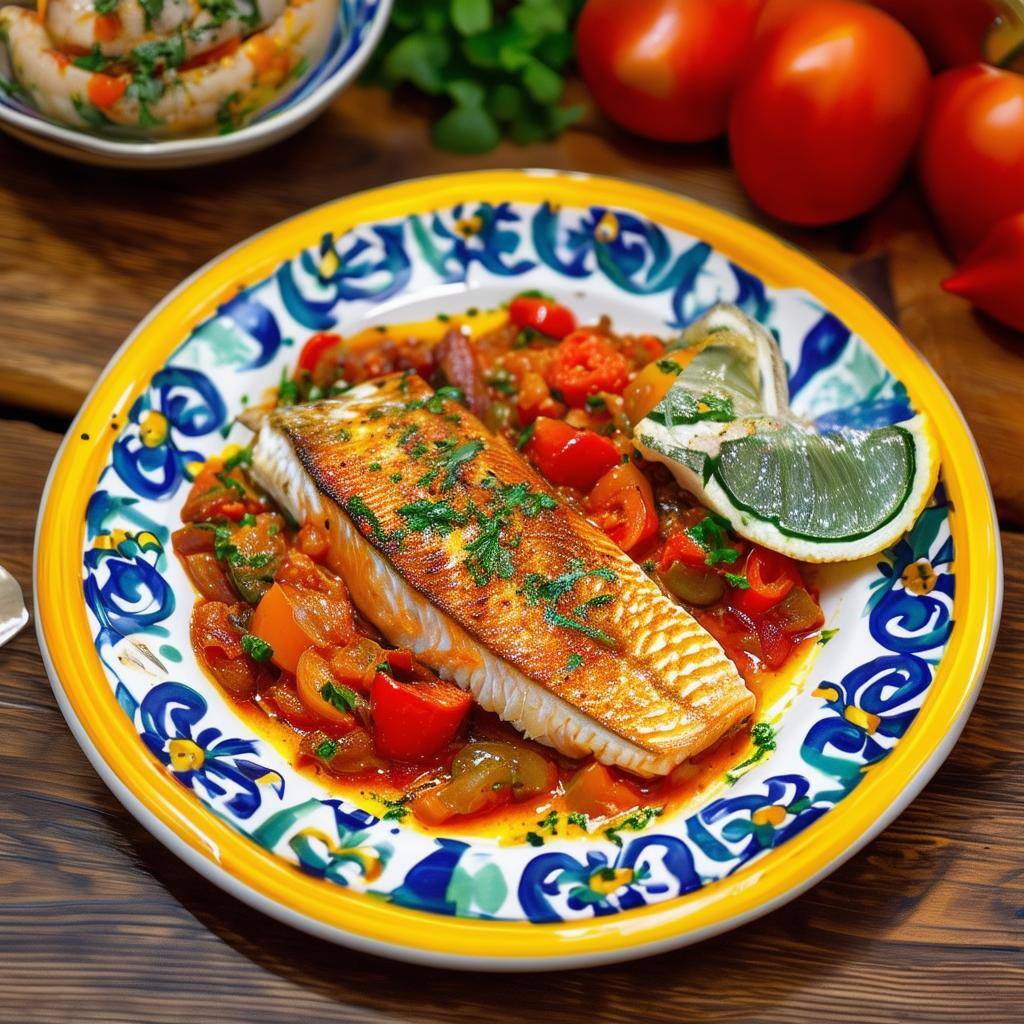 appetizing Portuguese fish dish on a bright ceramic Portuguese plate