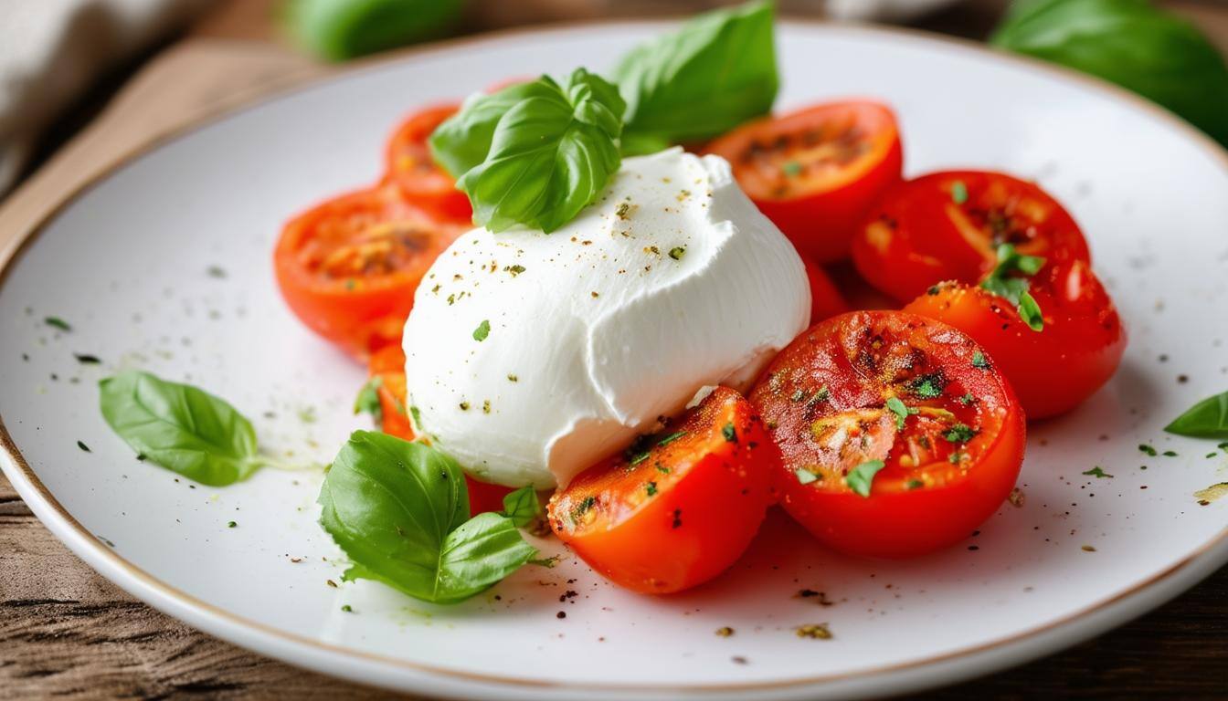 plate of italian burrata cheese, tomatoes and basil